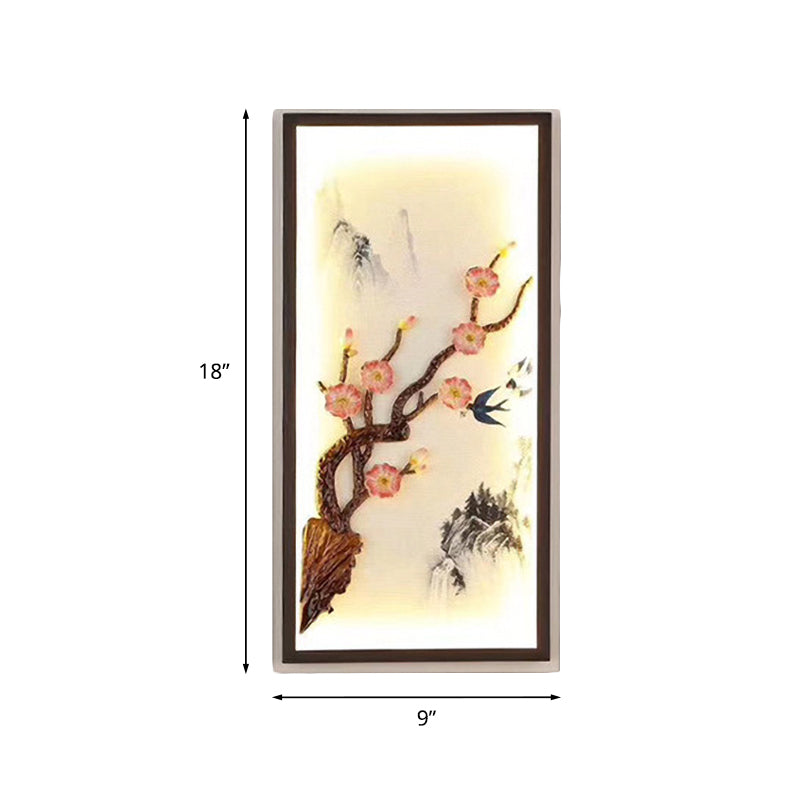 Asia Spring Blooming Plum Mural Light Ceramic Bedside Decorative LED Wall Sconce Light in Black