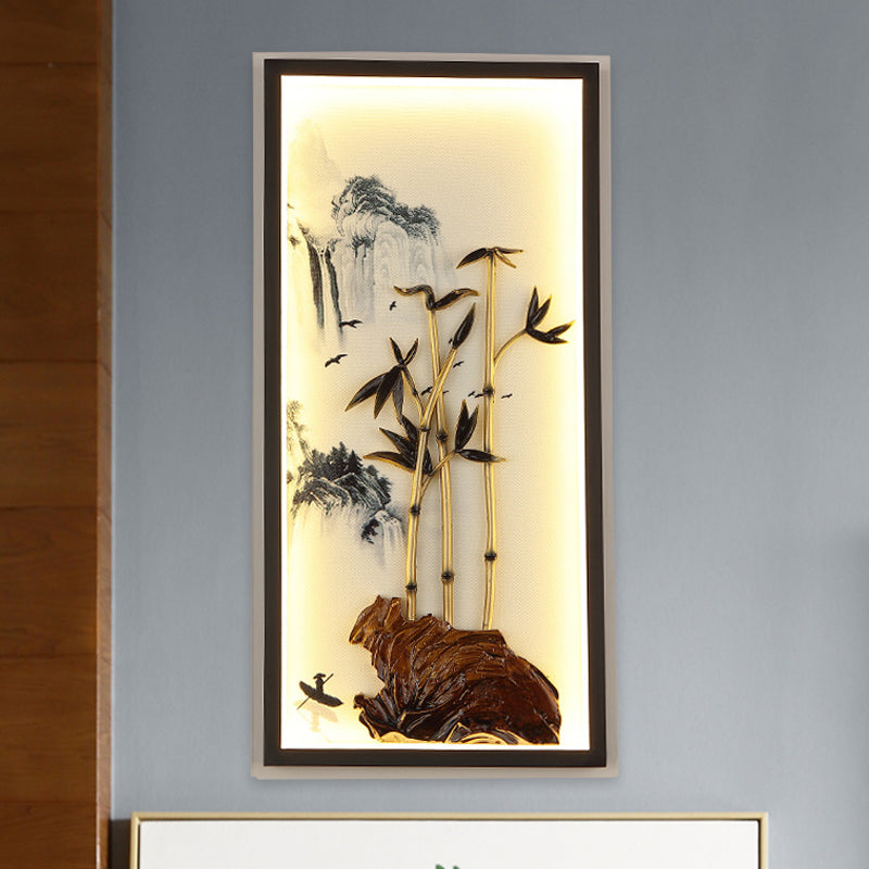 Chinese LED Wall Light Fixture Black Bamboo and Mountain Mural Lamp with Metal Frame