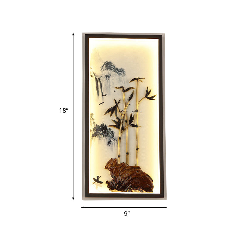 Chinese LED Wall Light Fixture Black Bamboo and Mountain Mural Lamp with Metal Frame