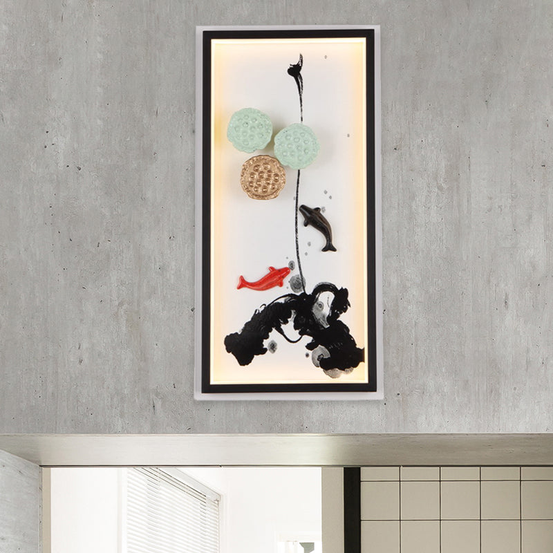 Asia Carp and Lotus Seed Metal Mural Lamp LED Wall Light Sconce in Black for Hotel