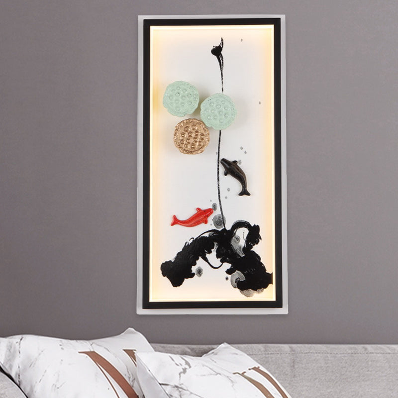 Asia Carp and Lotus Seed Metal Mural Lamp LED Wall Light Sconce in Black for Hotel