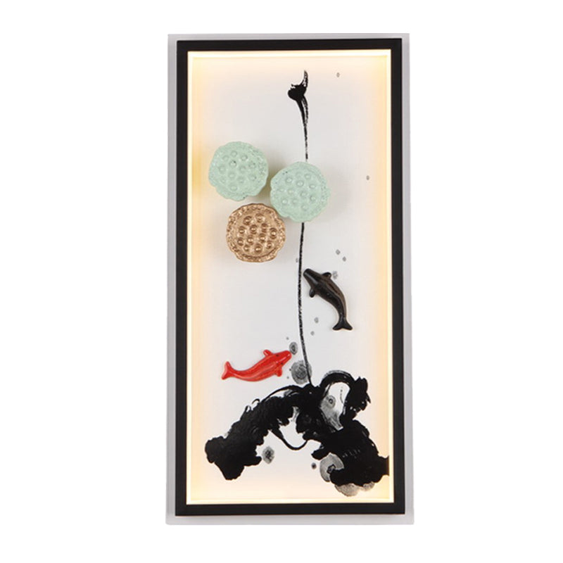 Asia Carp and Lotus Seed Metal Mural Lamp LED Wall Light Sconce in Black for Hotel