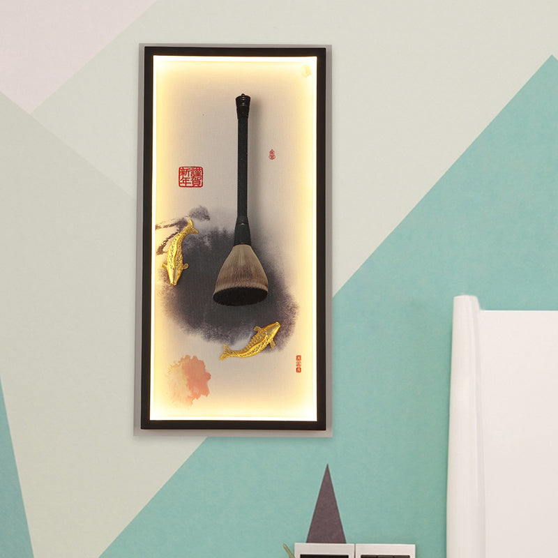 Fish and Writing Brush LED Mural Light Chinese Metal Study Room Wall Lamp in Black