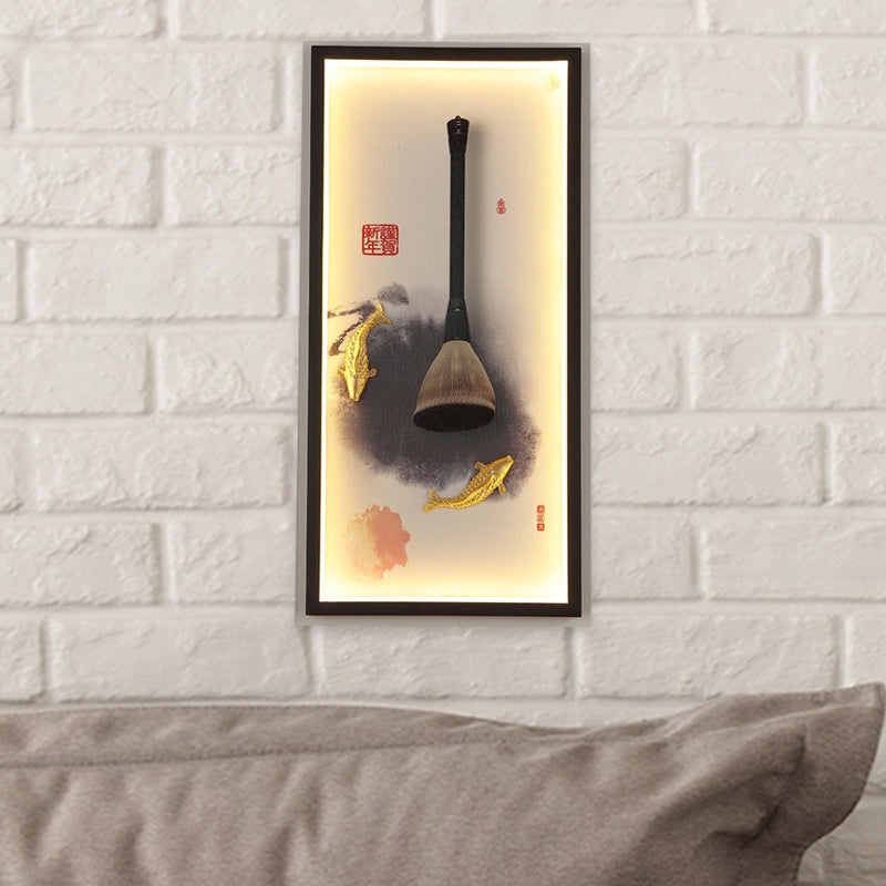 Fish and Writing Brush LED Mural Light Chinese Metal Study Room Wall Lamp in Black