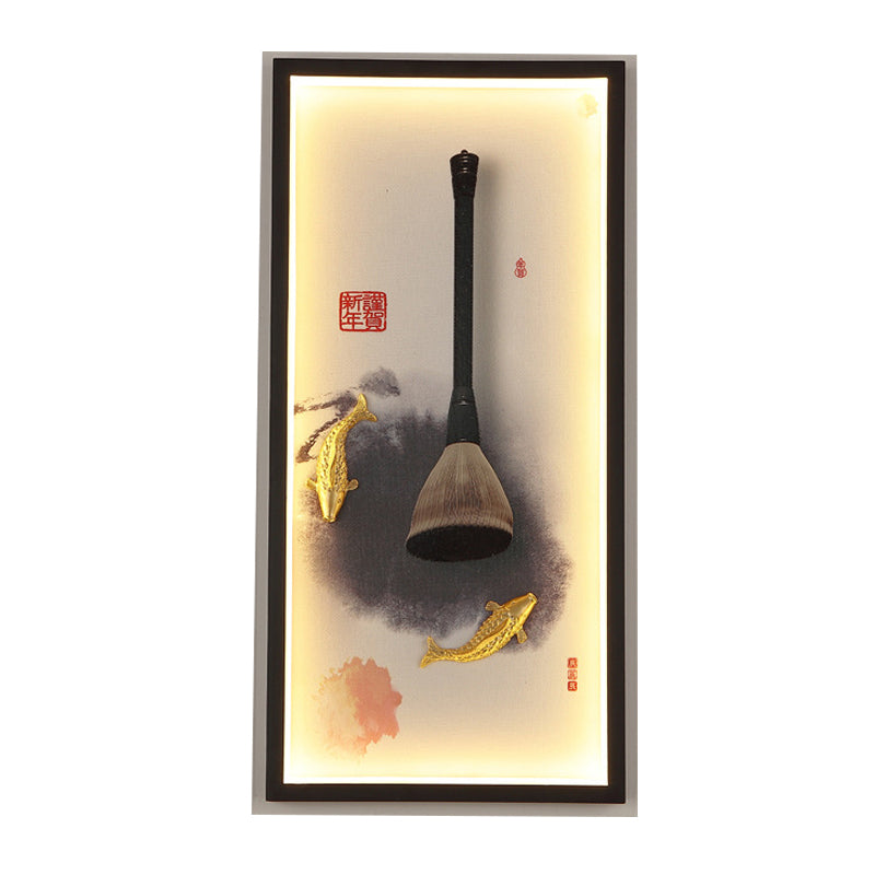 Fish and Writing Brush LED Mural Light Chinese Metal Study Room Wall Lamp in Black
