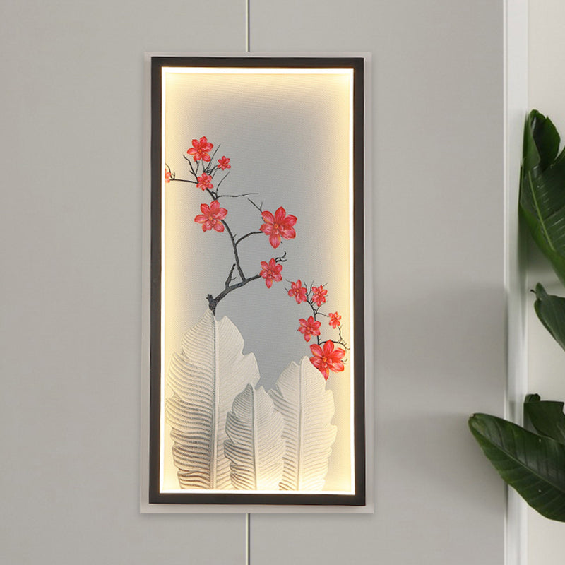 Banana Leaf and Flower Wall Mural Light Asian Aluminum Hotel LED Wall Mount Lamp in Black