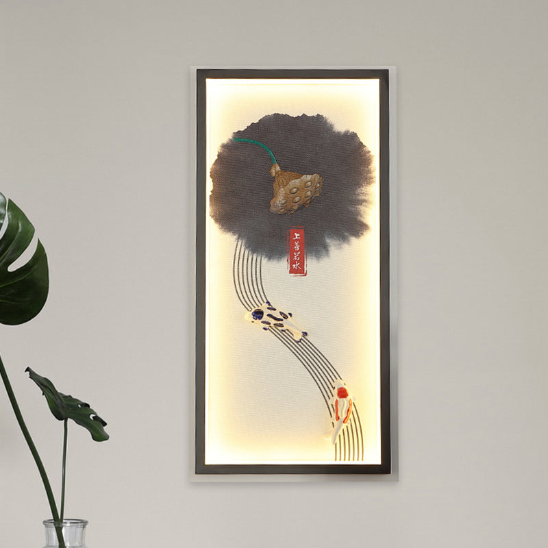 Chinese Style LED Wall Lamp Black Lotus Seed and Fish Mural Lighting Fixture with Aluminum Frame