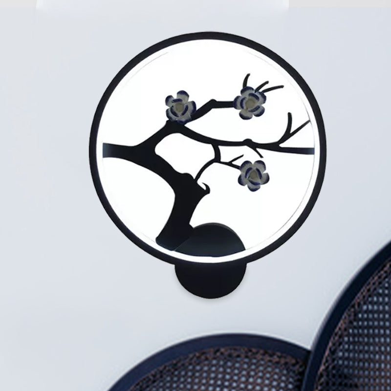 Flower Branch Silhouette Sconce Light Chinese Iron Black Ring LED Wall Mount Mural Lamp