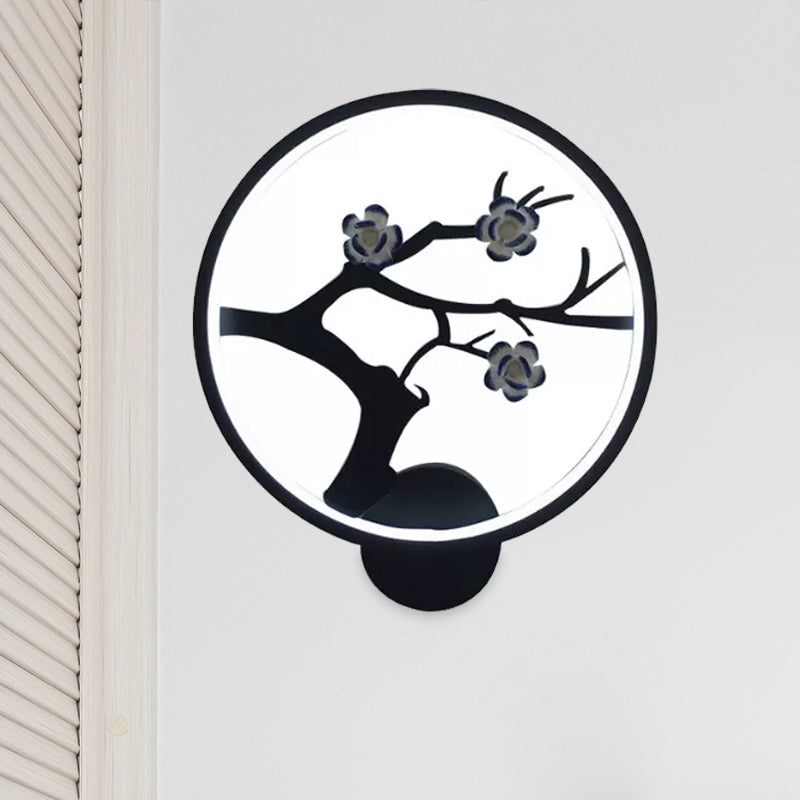 Flower Branch Silhouette Sconce Light Chinese Iron Black Ring LED Wall Mount Mural Lamp