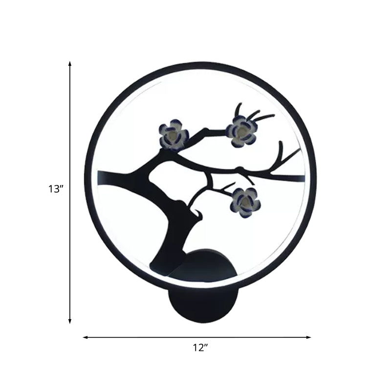 Flower Branch Silhouette Sconce Light Chinese Iron Black Ring LED Wall Mount Mural Lamp
