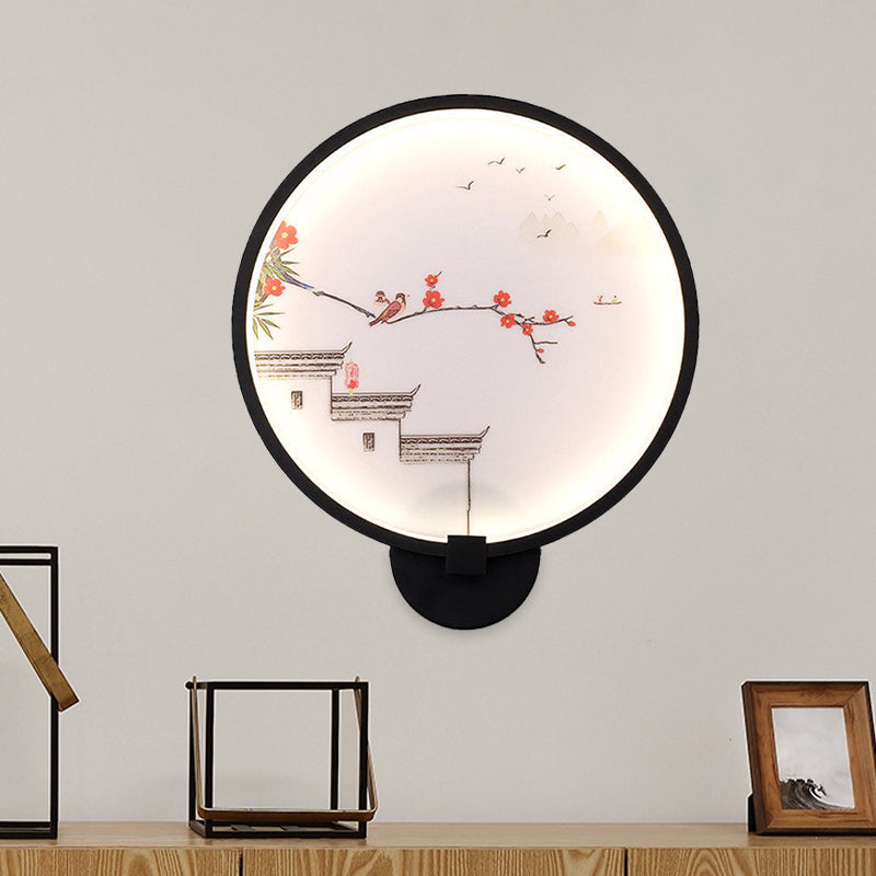 Chinese Ink House/Lotus Mural Light Acrylic Bedroom LED Circle Wall Sconce Light in Black