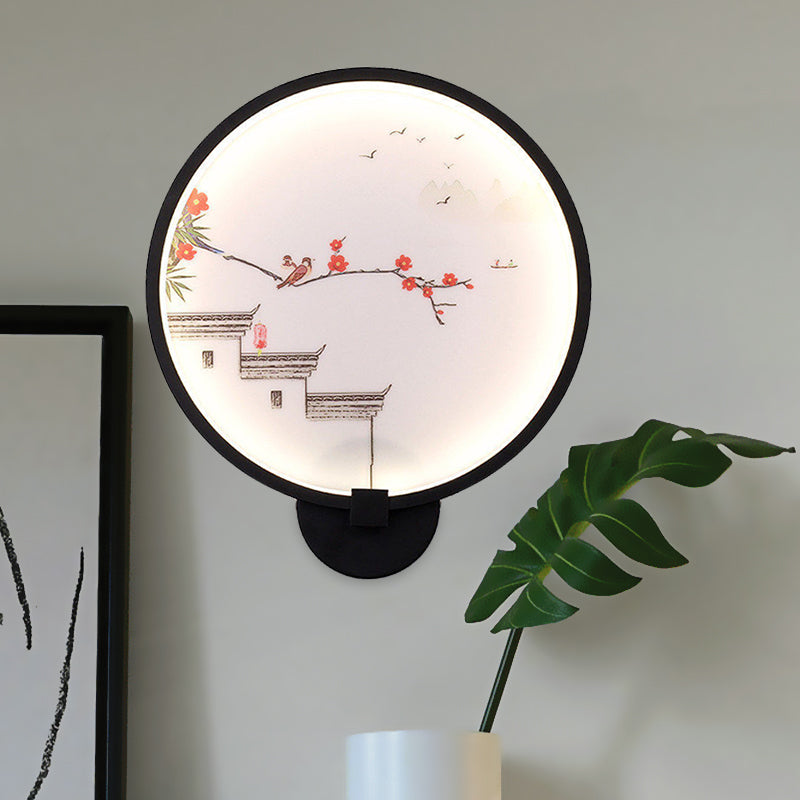 Chinese Ink House/Lotus Mural Light Acrylic Bedroom LED Circle Wall Sconce Light in Black