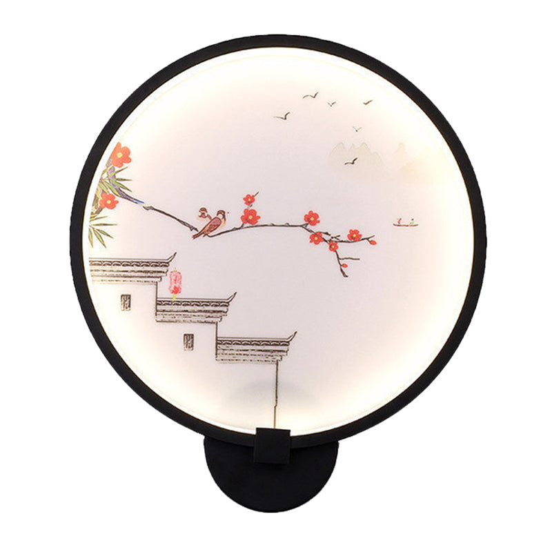 Chinese Ink House/Lotus Mural Light Acrylic Bedroom LED Circle Wall Sconce Light in Black