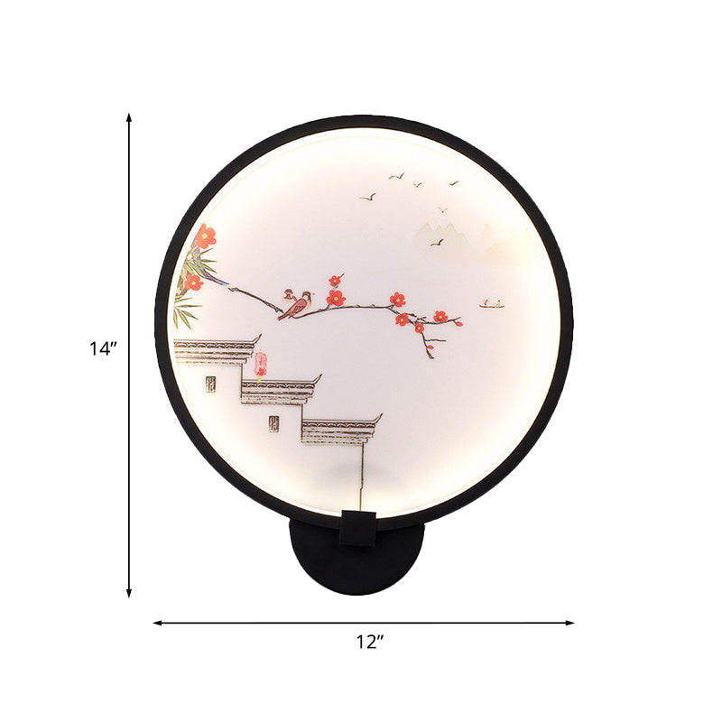 Chinese Ink House/Lotus Mural Light Acrylic Bedroom LED Circle Wall Sconce Light in Black