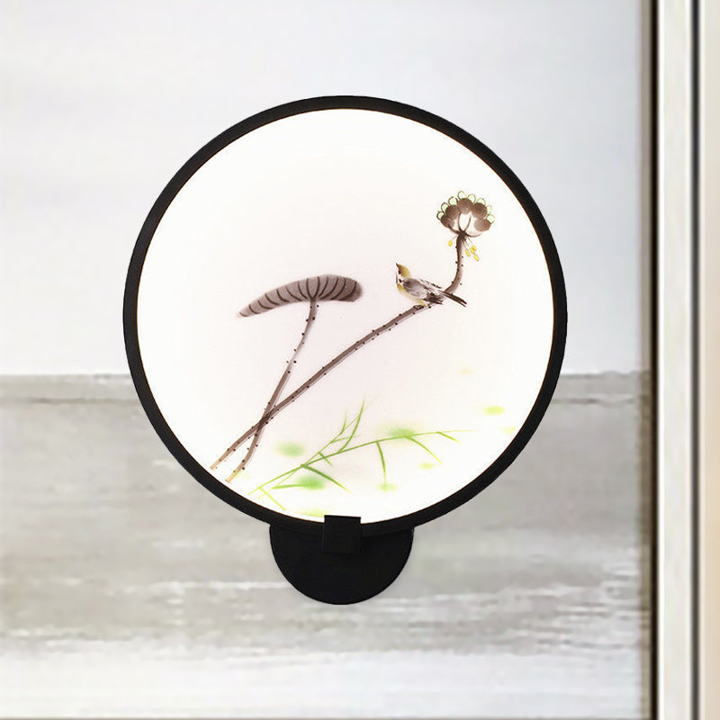 Chinese Ink House/Lotus Mural Light Acrylic Bedroom LED Circle Wall Sconce Light in Black