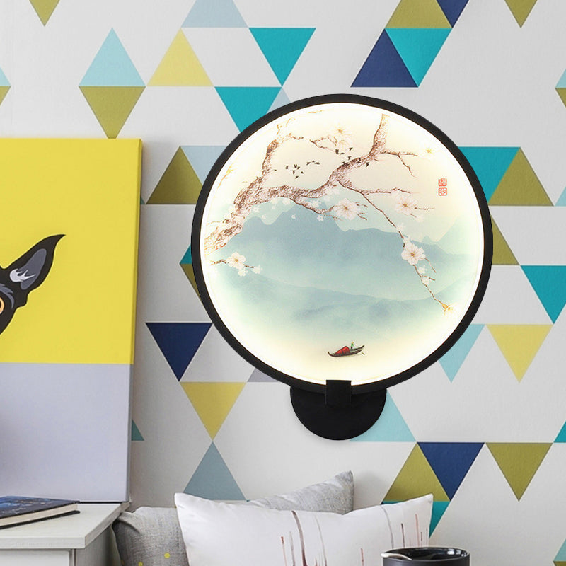 Acrylic Ginkgo/Blooming Plum Wall Sconce Chinese Style LED Mural Light Fixture in Black for Bedroom