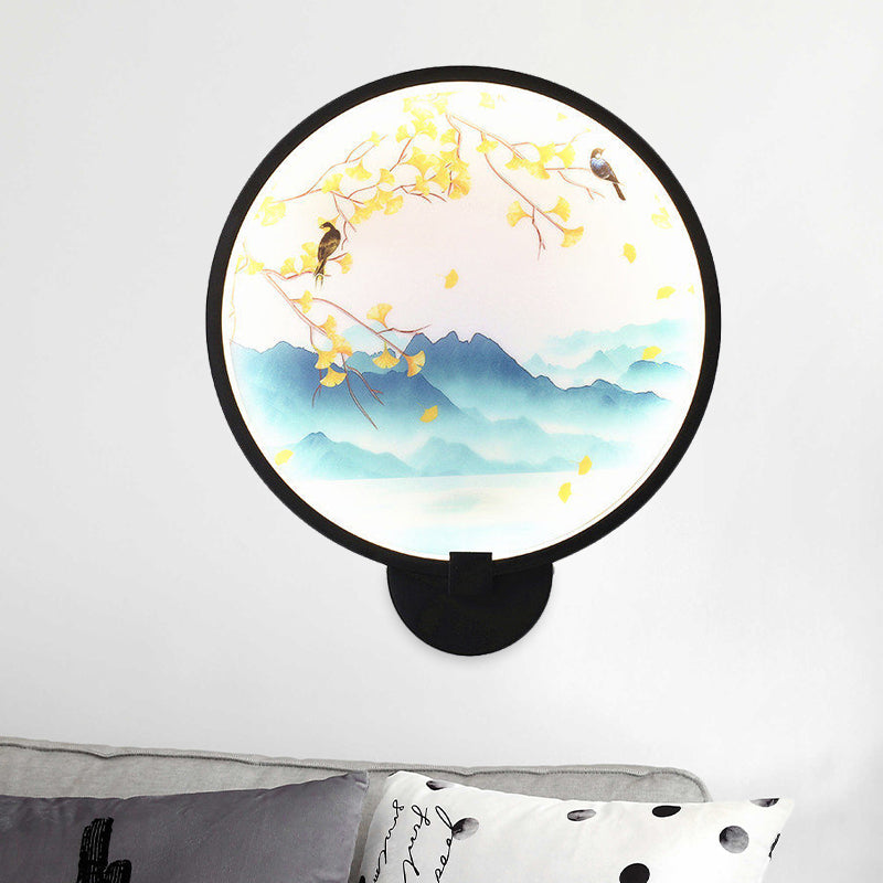 Acrylic Ginkgo/Blooming Plum Wall Sconce Chinese Style LED Mural Light Fixture in Black for Bedroom