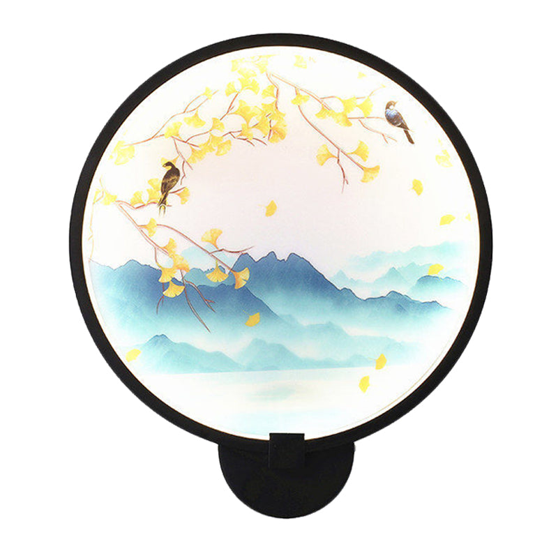 Acrylic Ginkgo/Blooming Plum Wall Sconce Chinese Style LED Mural Light Fixture in Black for Bedroom