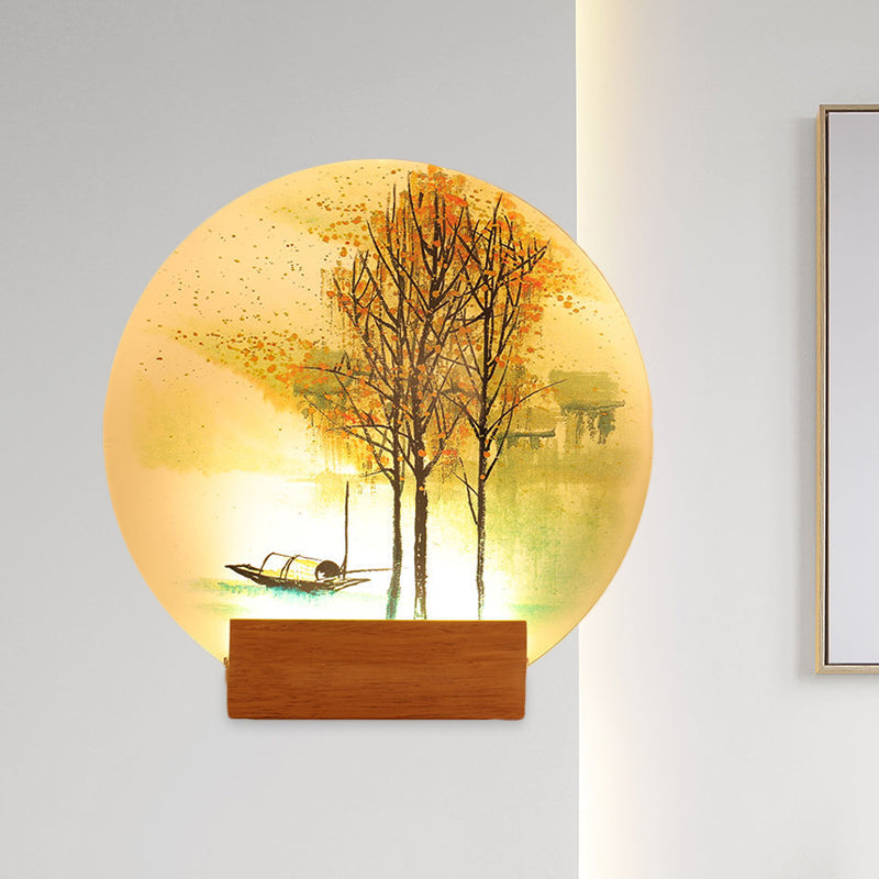 Goldfish/Boat Bedside Mural Lamp Acrylic Asian LED Disc Wall Light Sconce with Wooden Arm