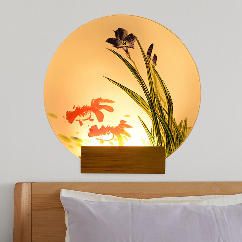 Goldfish/Boat Bedside Mural Lamp Acrylic Asian LED Disc Wall Light Sconce with Wooden Arm