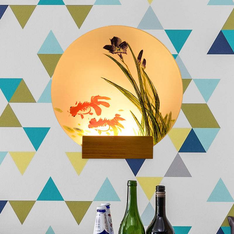 Goldfish/Boat Bedside Mural Lamp Acrylic Asian LED Disc Wall Light Sconce with Wooden Arm