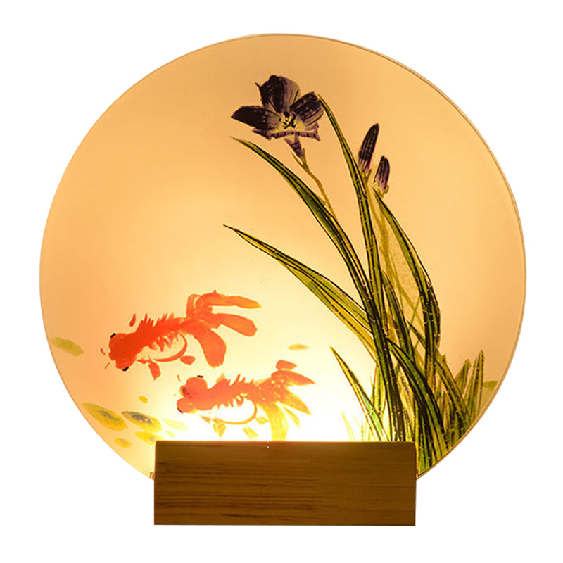 Goldfish/Boat Bedside Mural Lamp Acrylic Asian LED Disc Wall Light Sconce with Wooden Arm