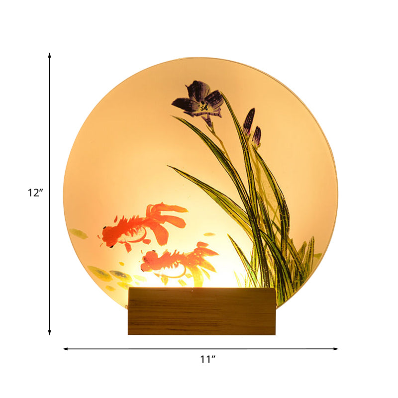 Goldfish/Boat Bedside Mural Lamp Acrylic Asian LED Disc Wall Light Sconce with Wooden Arm