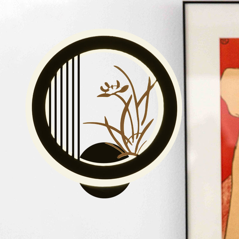 Chrysanths/Orchid Flower LED Mural Light Chinese Acrylic Living Room Hoop Wall Lighting Fixture in Black