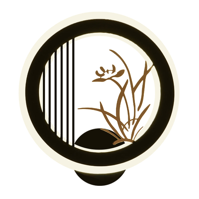 Chrysanths/Orchid Flower LED Mural Light Chinese Acrylic Living Room Hoop Wall Lighting Fixture in Black