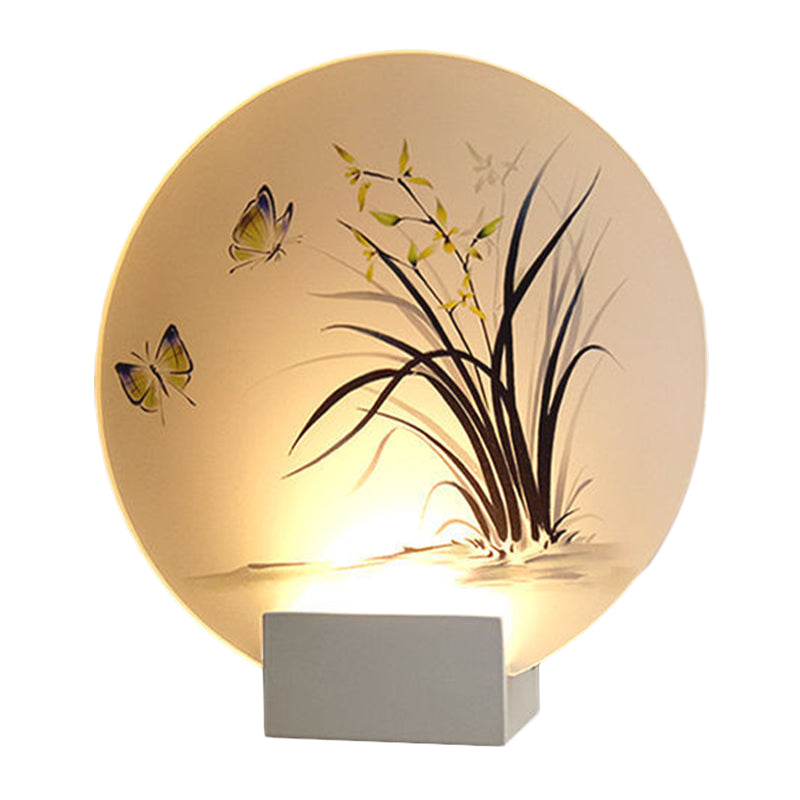 Moon Shaped Acrylic Wall Mount Lighting Asian White LED Mural Lamp with Butterfly and Orchid Pattern