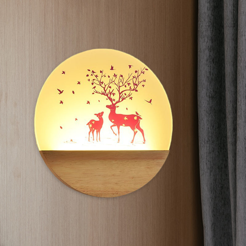 Couche à chambre LED Mont mural Murale Lumière Nordique Bois Nordique avec ombre acrylique à motifs de cerfs / oiseaux