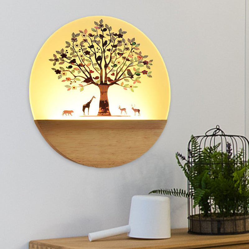 Nordic LED Wall Light Wood Tree and Animal/Flowering Tree Print Mural Light Fixture with Acrylic Shade