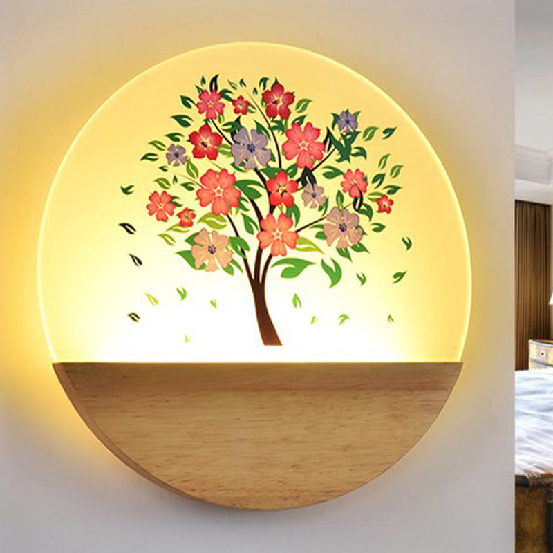 Nordic LED Wall Light Wood Tree and Animal/Flowering Tree Print Mural Light Fixture with Acrylic Shade