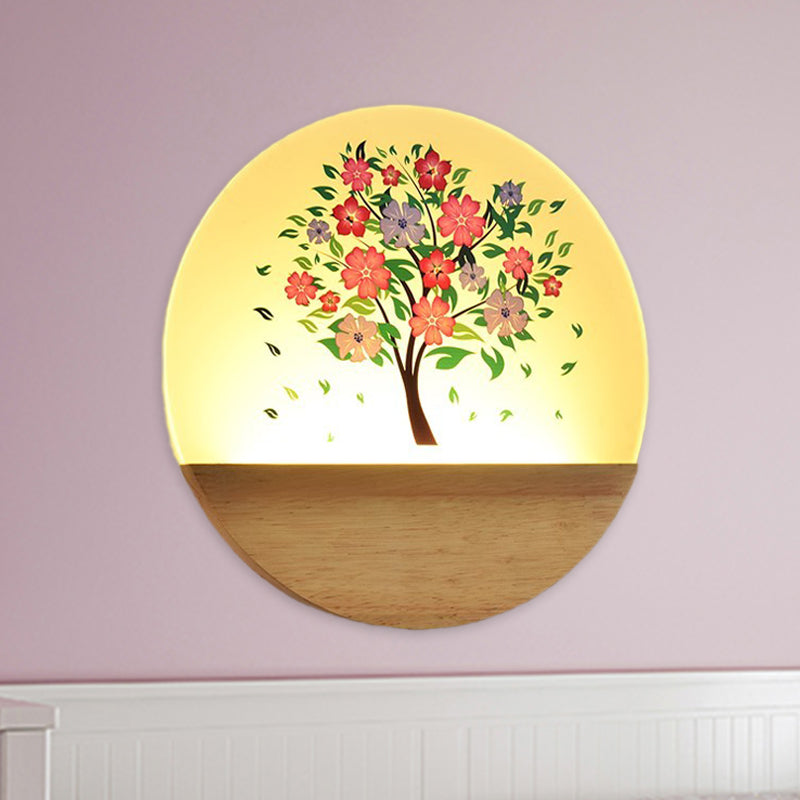 Nordic LED Wall Light Wood Tree and Animal/Flowering Tree Print Mural Light Fixture with Acrylic Shade