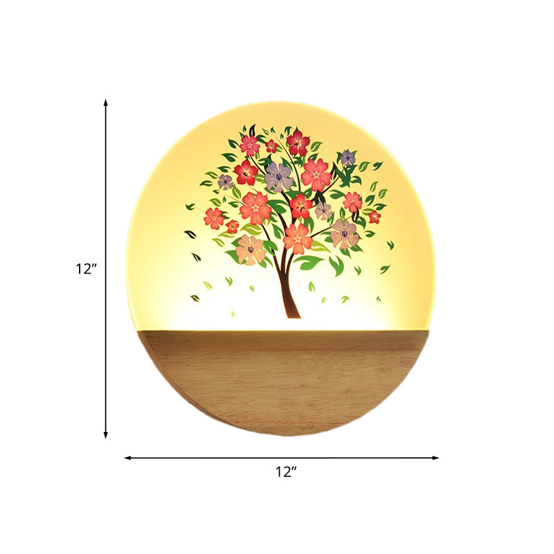 Nordic LED Wall Light Wood Tree and Animal/Flowering Tree Print Mural Light Fixture with Acrylic Shade
