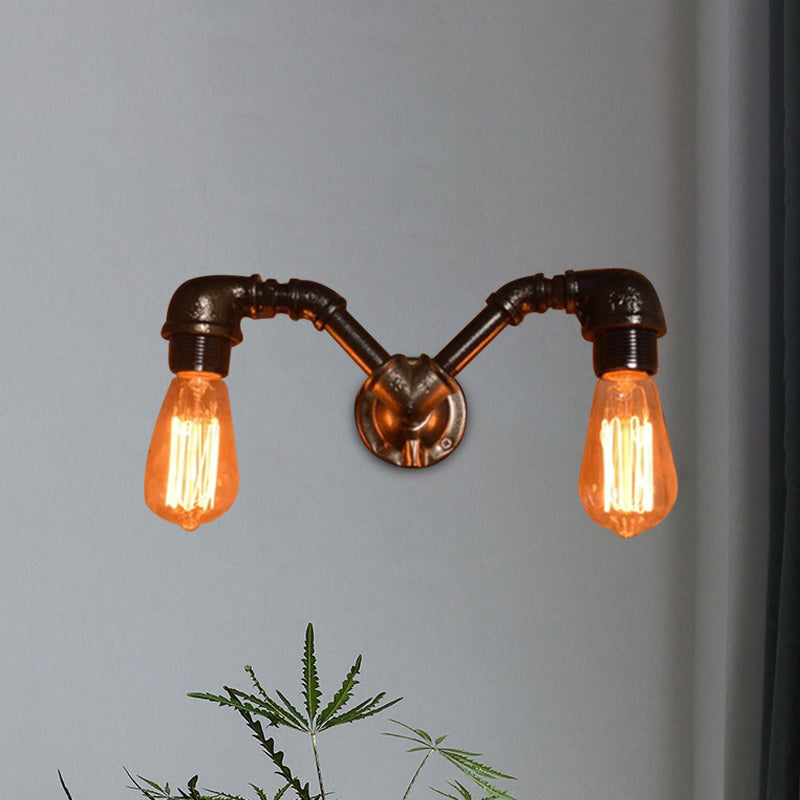 2 Heads Pipe Design Wall Lighting with Open Bulb Farmhouse Black Finish Metal Sconce Light Fixture