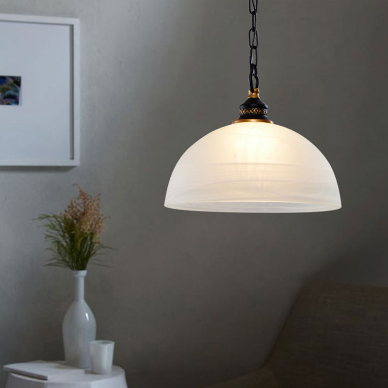 Single-Bulb Dome Ceiling Pendant Light Vintage White Frosted Glass Hanging Lamp for Living Room with Chain