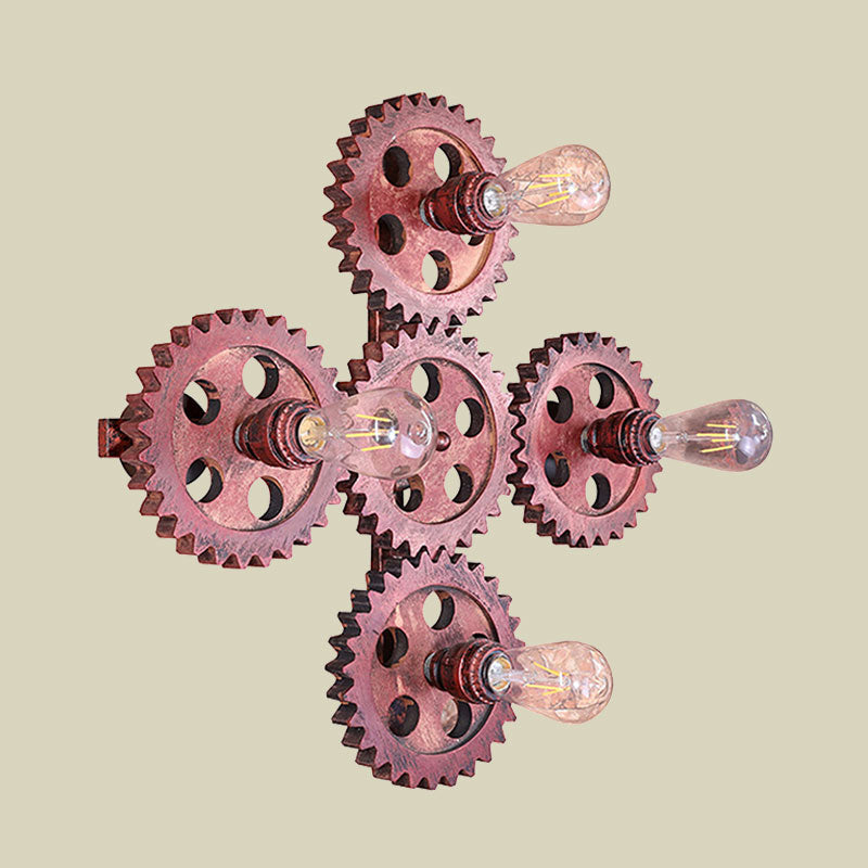 4 Lights Gear Wall Lighting Antique Stylish Dark Rust Wrought Iron Sconce Lamp for Restaurant