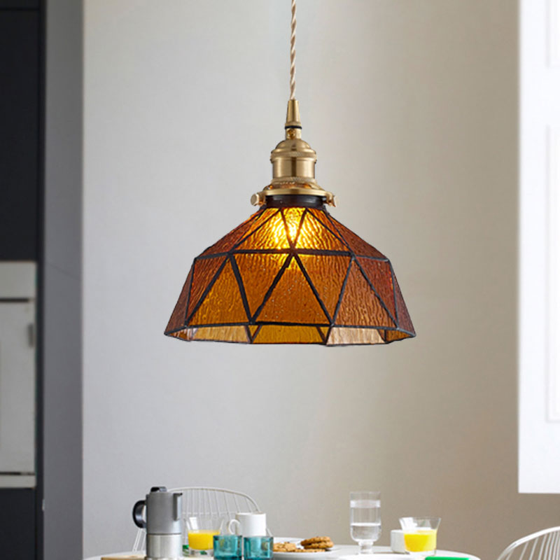 Polyhedron Domed Pendant Lamp 1 Head Tiffany Style Glass Suspension Light for Gallery