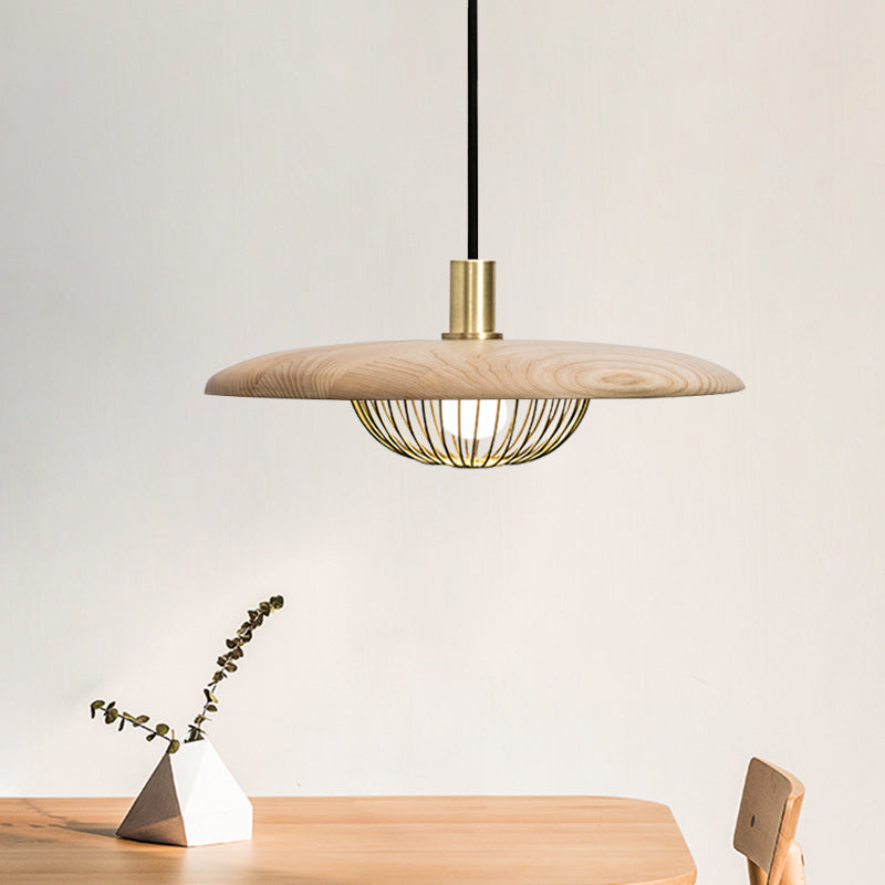 Iron Wire Domed Pendant Light with Wooden Shade Cloth Shop 1 Light Modern Suspension Light