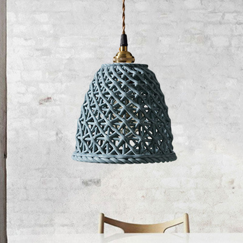 Nordic Grid Dome Hanging Lamp 6.5"/8" Wide Single Bulb Ceramics Pendant Light for Dining Room Corridor - White