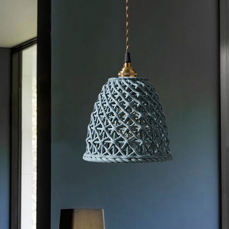 Nordic Grid Dome Hanging Lamp 6.5"/8" Wide Single Bulb Ceramics Pendant Light for Dining Room Corridor - White