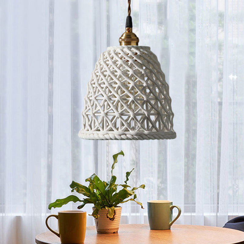 Nordic Grid Dome Hanging Lamp 6.5"/8" Wide Single Bulb Ceramics Pendant Light for Dining Room Corridor - White
