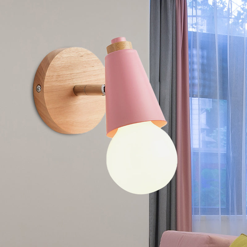 Macaron Loft Sweet Cone Wall Light with Metal/Wood Backplate Rotatable Single Light Wall Lamp in Blue/Green/Pink for Corridor