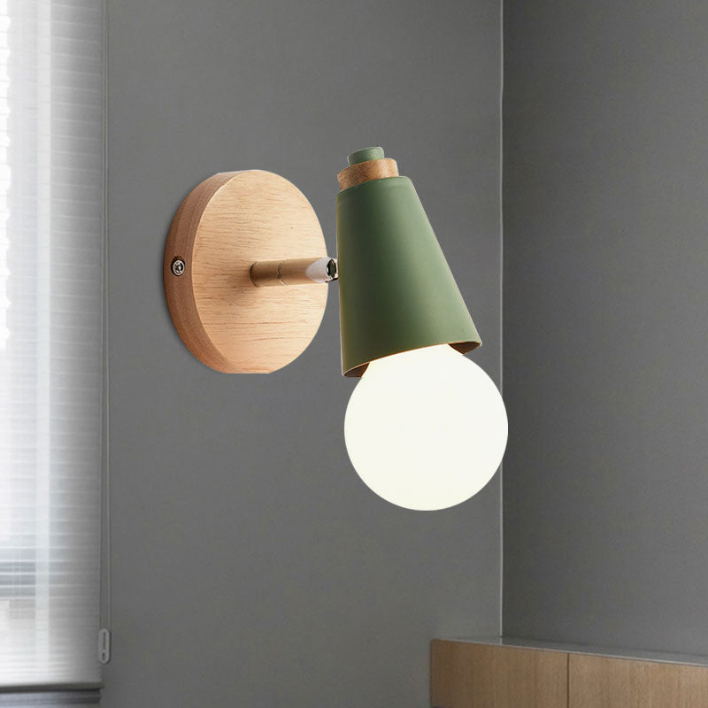 Macaron Loft Sweet Cone Wall Light with Metal/Wood Backplate Rotatable Single Light Wall Lamp in Blue/Green/Pink for Corridor