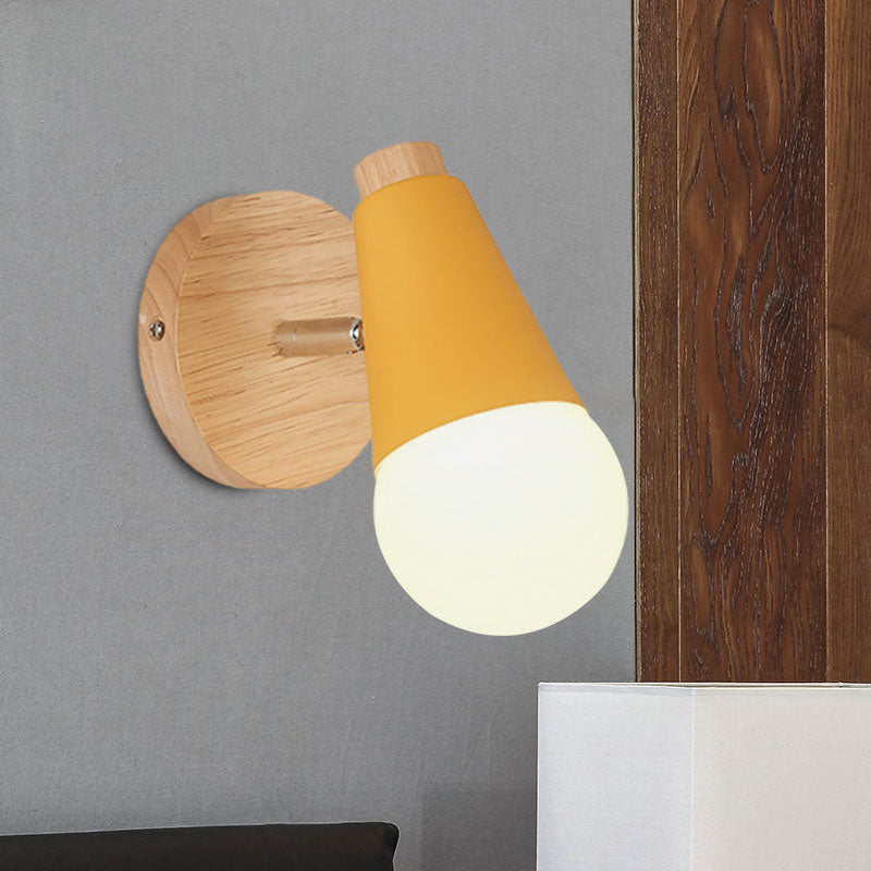 Macaron Loft Sweet Cone Wall Light with Metal/Wood Backplate Rotatable Single Light Wall Lamp in Blue/Green/Pink for Corridor