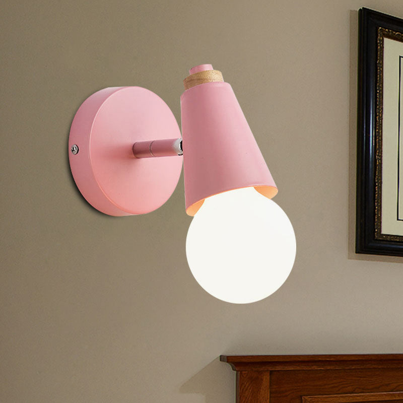 Macaron Loft Sweet Cone Wall Light with Metal/Wood Backplate Rotatable Single Light Wall Lamp in Blue/Green/Pink for Corridor