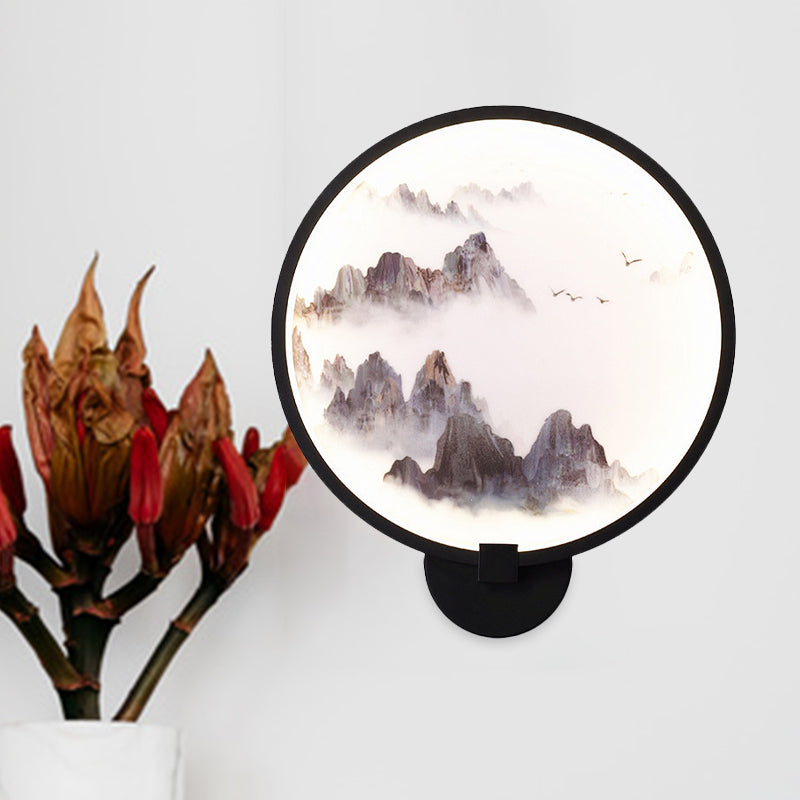 Misty Mountain/Lake Metal Mural Lighting Asia Black Led Hoop Wand Mount Lamp voor slaapkamerdecoratie