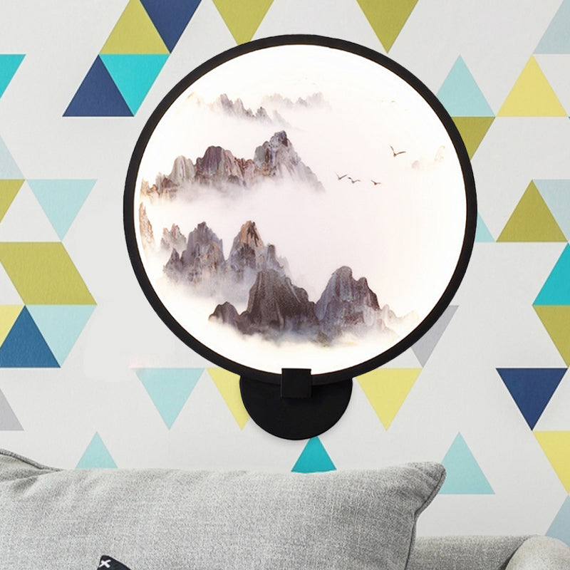 Misty Mountain/Lake Metal Mural Lighting Asia Black Led Hoop Wand Mount Lamp voor slaapkamerdecoratie