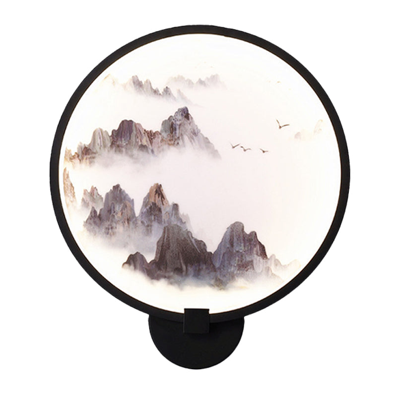 Misty Mountain/Lake Metal Mural Lighting Asia Black Led Hoop Wand Mount Lamp voor slaapkamerdecoratie